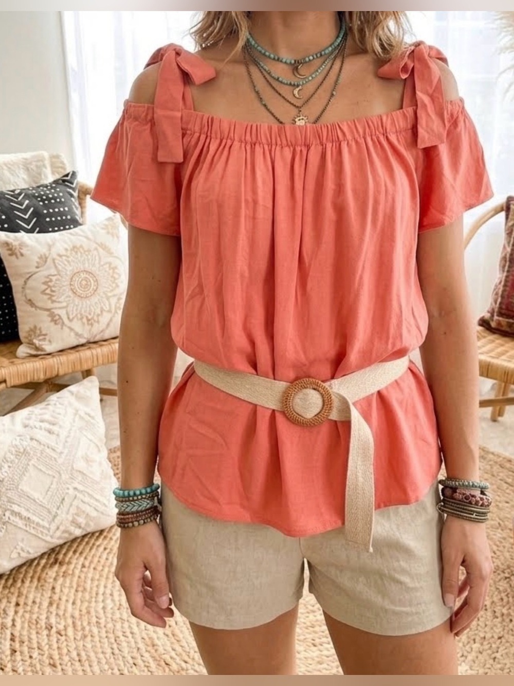 Heart & Hips by Charlotte Russe Pink Off-Shoulder Tie-Shoulder Blouse size large